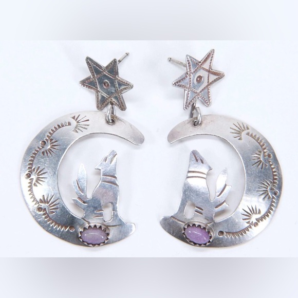 Navajo Jewelry - Vintage Navajo Sterling Hand-Stamped Howling Coyote Earrings with Lepidolite